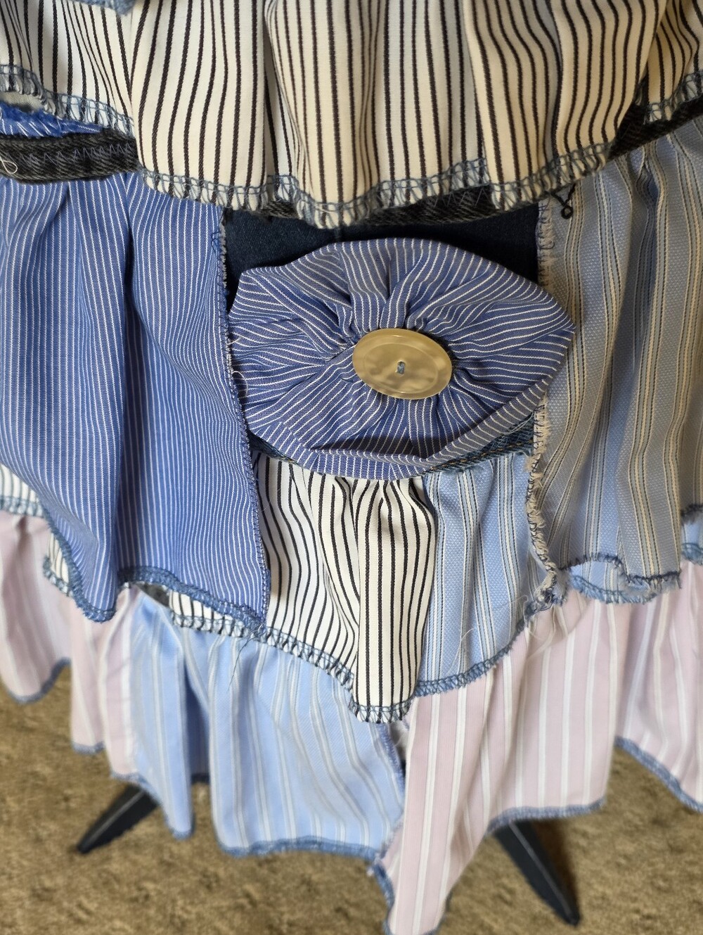 HAND CRAFTED Midi Skirt UPCYCLED Blue Denim Striped Shirt Ragged Plus Size 18w - Picture 6 of 11